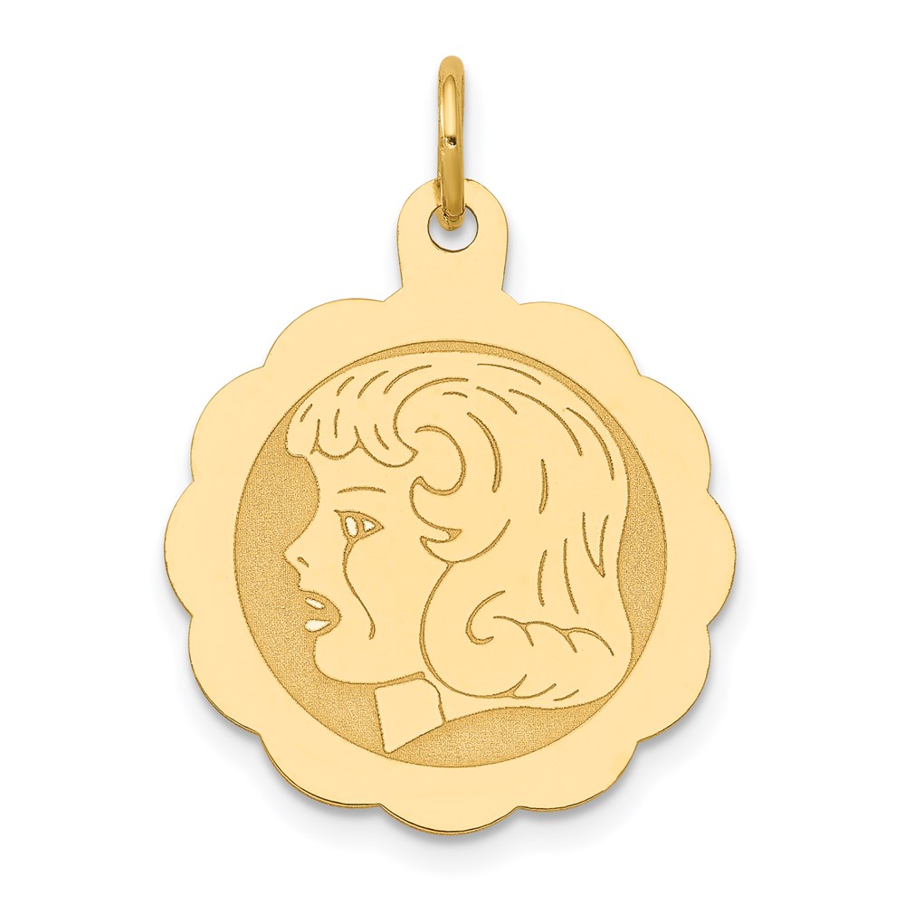 XM70.jpg 14k Girl Head on .013 Gauge 18mm Engravable Scalloped Disc Charm - Image 1
