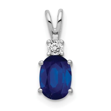 14k White Gold 7x5mm Oval Sapphire and AA Diamond Pendant