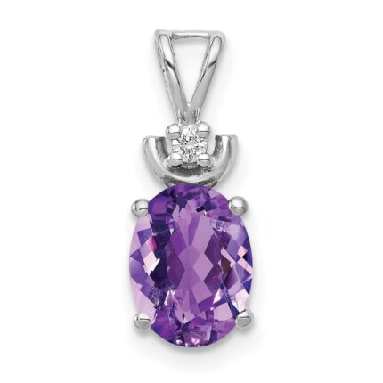 14k White Gold 8x6mm Oval Amethyst and AA Diamond Pendant