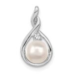 14k White Gold 7-8mm Near Round White Freshwater Cultured Pearl and AA Diamond Pendant