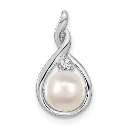 14k White Gold 7-8mm Near Round White Freshwater Cultured Pearl and AA Diamond Pendant