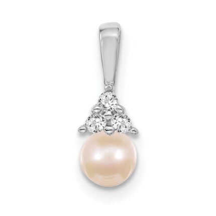 14k White Gold 7-8mm Near Round White Freshwater Cultured Pearl and AAA Diamond Pendant
