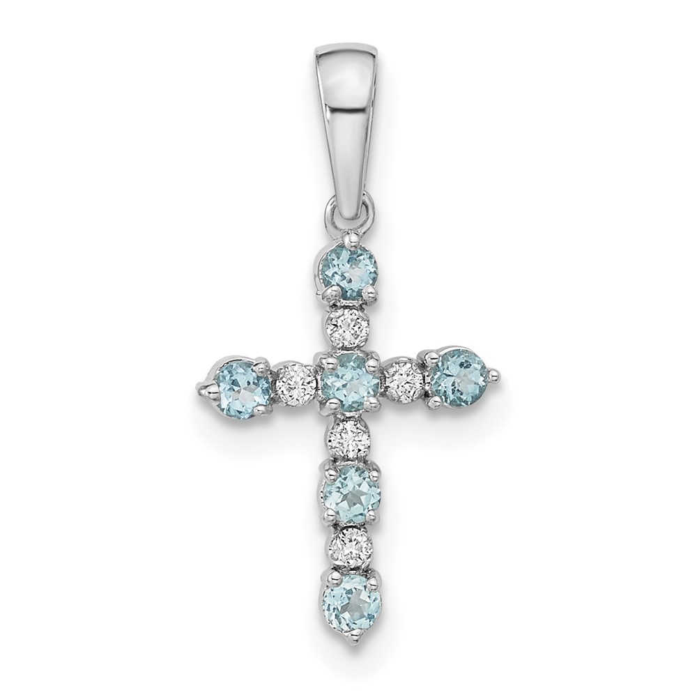 XP3381BT_A.jpg 14k White Gold Blue Topaz and Diamond Cross Pendant - Image 1