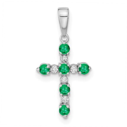 14k White Gold Lab Created Emerald and Diamond Cross Pendant