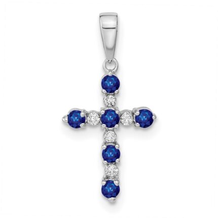 14k White Gold Lab Created Sapphire and Diamond Cross Pendant