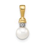 14k 5-6mm White Round Freshwater Cultured Pearl and Diamond Pendant