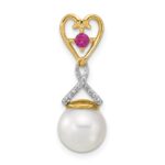 14k 8-9mm Round White Freshwater Cultured Pearl/Lab Created Ruby/Diamond Chain Slide