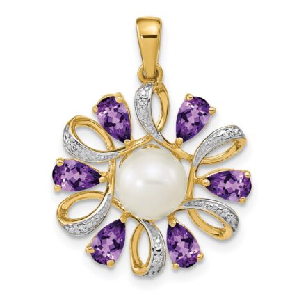 14k 6-7mm Button White Freshwater Cultured Pearl/Pear Amethyst/Diamond Pendant