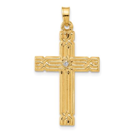 14k Polished and Grooved Hollow Diamond Cross Pendant