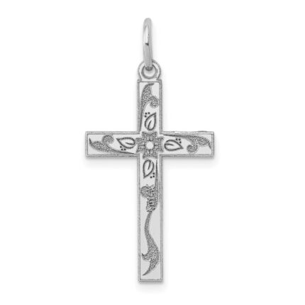 14K White Gold Laser Designed Floral Cross Charm