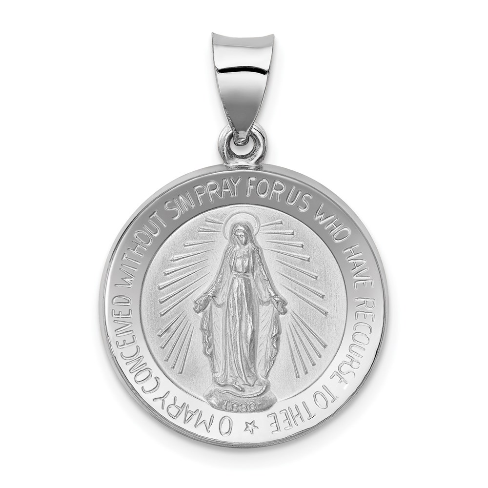 XR1271.jpg 14k White Gold Polished and Satin Hollow Miraculous Medal Round Pendant - Image 1