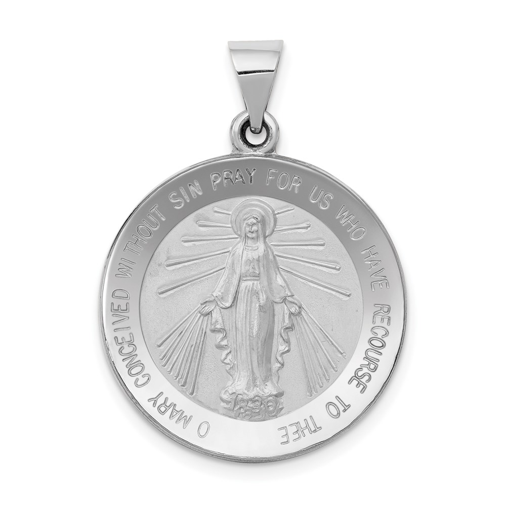 XR1274.jpg 14k White Gold Polished and Satin Hollow Miraculous Medal Round Pendant - Image 1