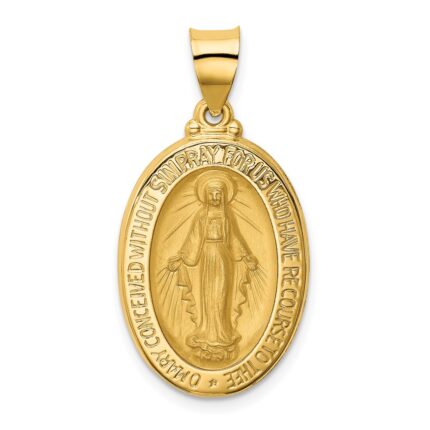 14k Polished and Satin Hollow Miraculous Medal Oval Pendant