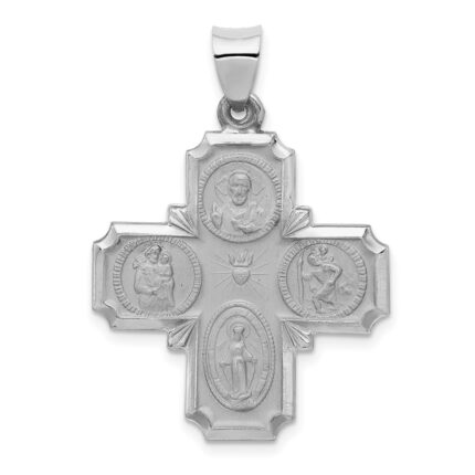 14k White Gold Polished and Satin Hollow Four-Way Religious Medal Pendant