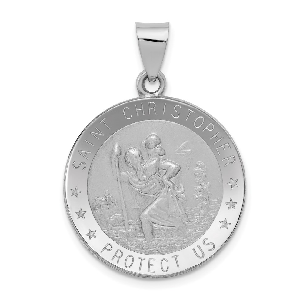 XR1302.jpg 14k White Gold Polished and Satin Hollow Saint Christopher Medal Round Pendant - Image 1