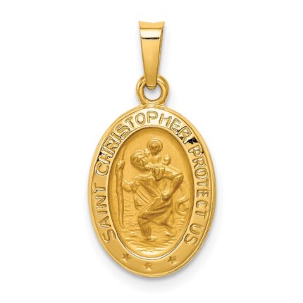 14k Polished and Satin Hollow St. Christopher Medal Oval Pendant