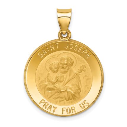 14k Polished and Satin Hollow St Joseph Medal Round Pendant