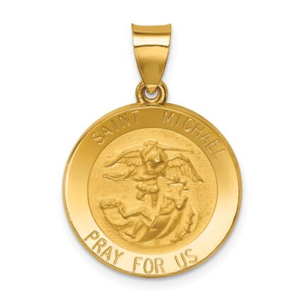 14k Polished and Satin Hollow St. Michael Medal Round Pendant