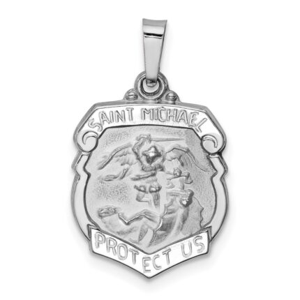 14k White Gold Polished and Satin Hollow Small St Michael Medal Badge Pendant
