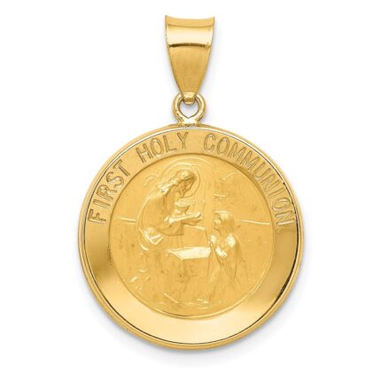 14k Polished and Satin Hollow FIRST HOLY COMMUNION Medal Round Pendant