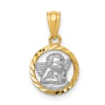 14K and White Rhodium Diamond-cut Cherub in Circle Pendant