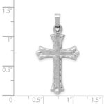 14K White Gold Textured and Polished Fleur de lis Cross Pendant - Image 3