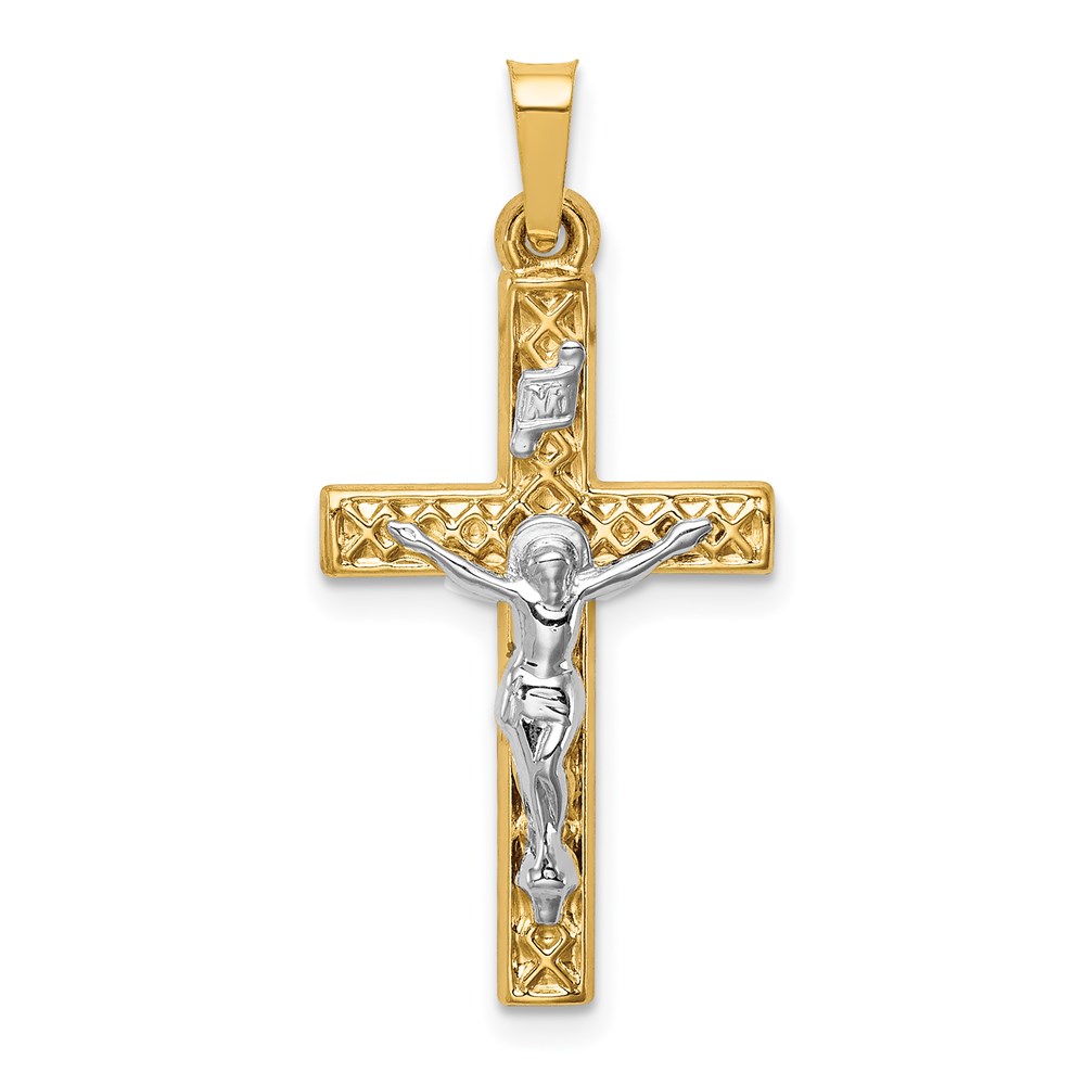 XR1666.jpg 14k Two-tone Polished Lattice Textured INRI Crucifix Pendant - Image 1