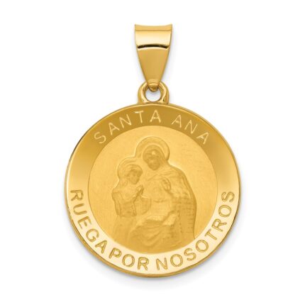 14K Polished and Satin Hollow Spanish Santa Ana Medal Round Pendant