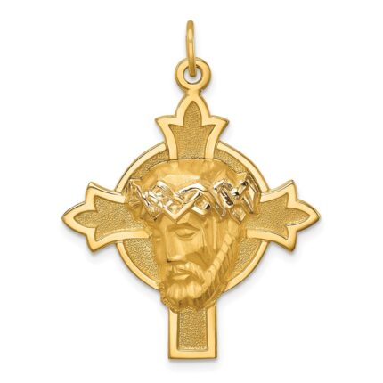 14k Hollow Polished and Satin Medium Jesus Medal Cross Pendant