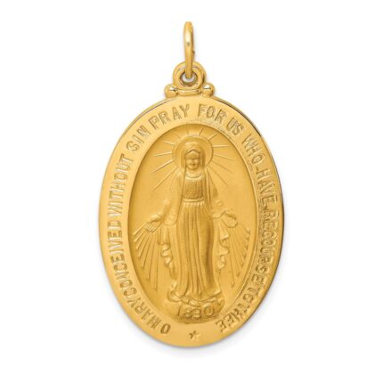 14k Polished and Satin Solid Large Miraculous Medal Oval Pendant