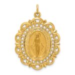 14k Polished and Satin Solid Large Miraculous Medal Scalloped Edge Oval Pendant