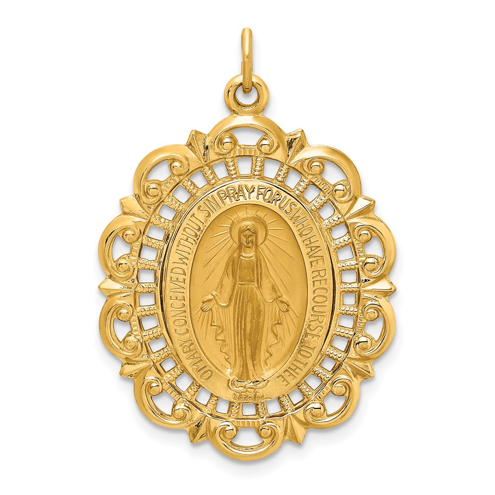 XR1764.jpg 14k Polished and Satin Solid Large Miraculous Medal Scalloped Edge Oval Pendant - Image 1