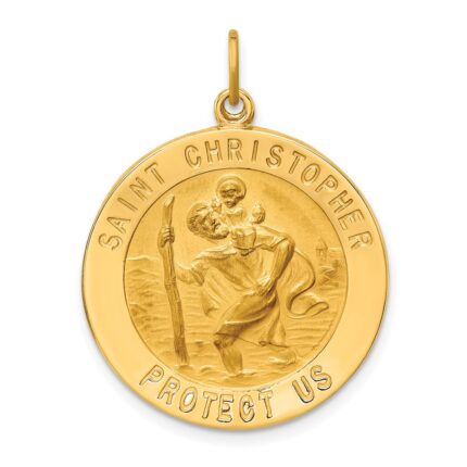 14k Polished and Satin Solid St. Christopher Medal Round Pendant