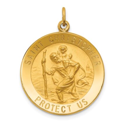 14k Polished and Satin Medium Solid  Round St. Christopher Medal Pendant
