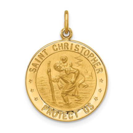 14k Polished and Satin Solid Small Round St. Christopher Medal Pendant