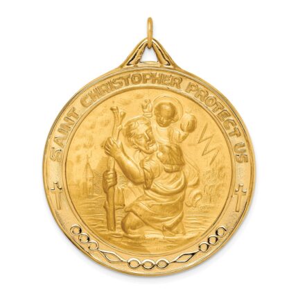 14k Polished and Satin Solid Extra Large St. Christopher Medal Round Pendant