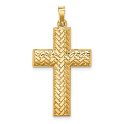 14k Hollow Polished Basketweave Design Latin Cross Pendant