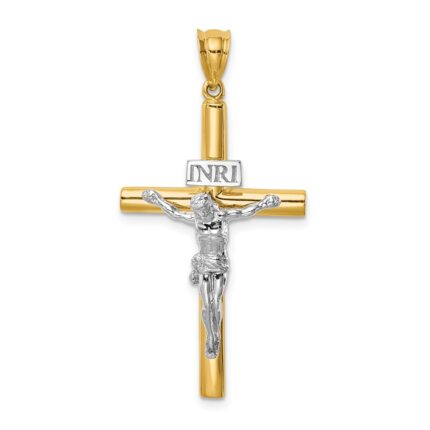 14K Two-tone Polished INRI Crucifix Cross Pendant