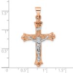 14k Rose and White Gold Polished Fleur de Lis INRI Hollow Crucifix Pendant - Image 3