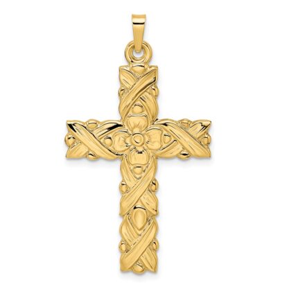 14k Polished and Textured Solid Floral Cross Pendant