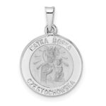 14k White Gold Polished and Satin Hollow Matka Boska Czestochowska Medal Reversible Round Pendant