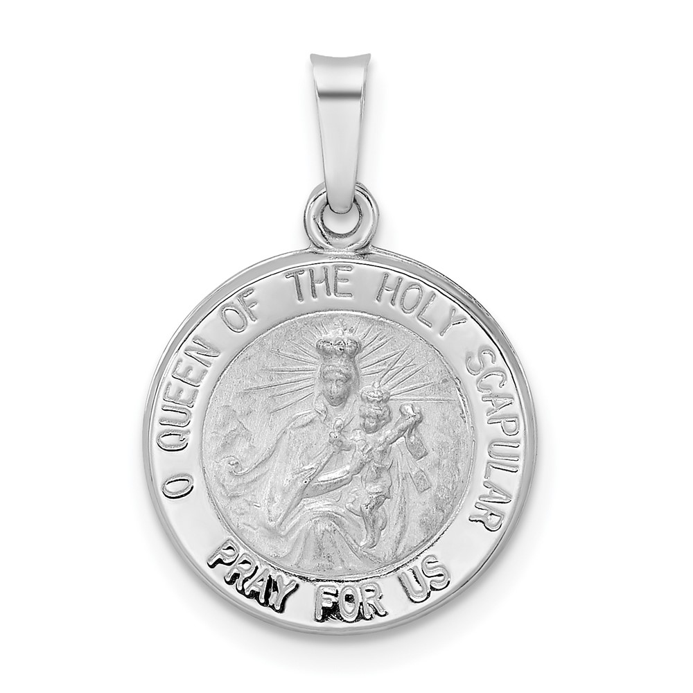 XR1911.jpg 14k White Gold Polished and Satin Hollow Queen Of The Holy Scapular Medal Reversible Round Pendant - Image 1