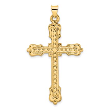 14k Polished Diamond Pattern Hollow Cross Pendant
