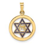 14k Polished Blue Enameled Solid Star of David in Circle Pendant