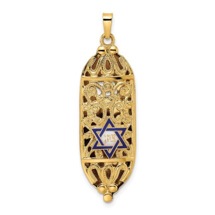 14k Polished Mezuzah with Blue and White Enameled Star of David Pendant