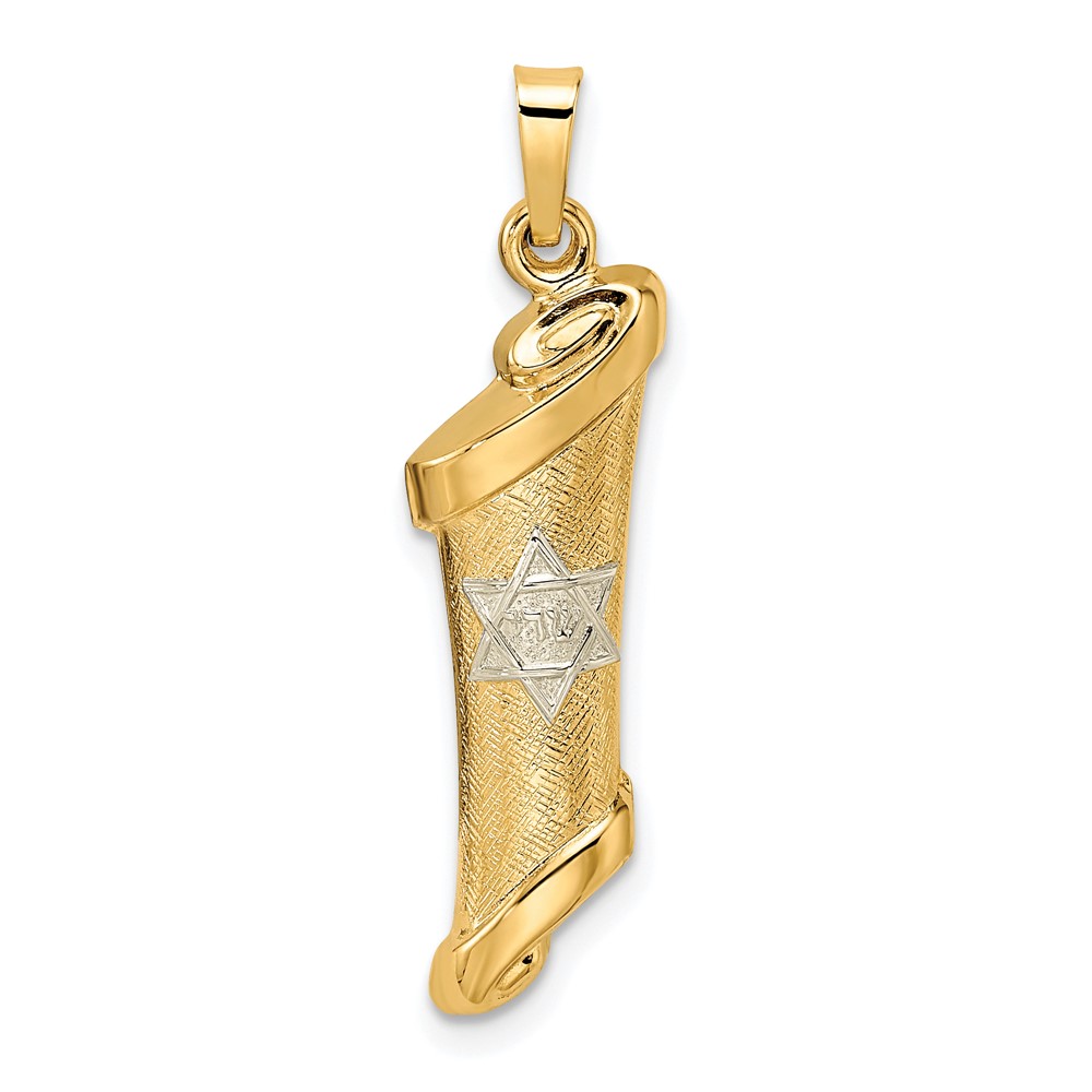 XR2025.jpg 14k Two-tone Polished and Textured Hollow Torah Scroll with Star of David Pendant - Image 1