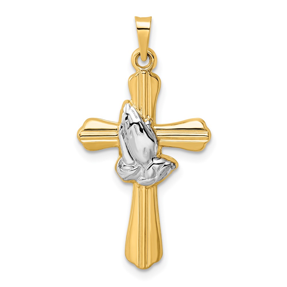 XR2026.jpg 14k and White Rhodium Polished Hollow Praying Hands Cross Pendant - Image 1