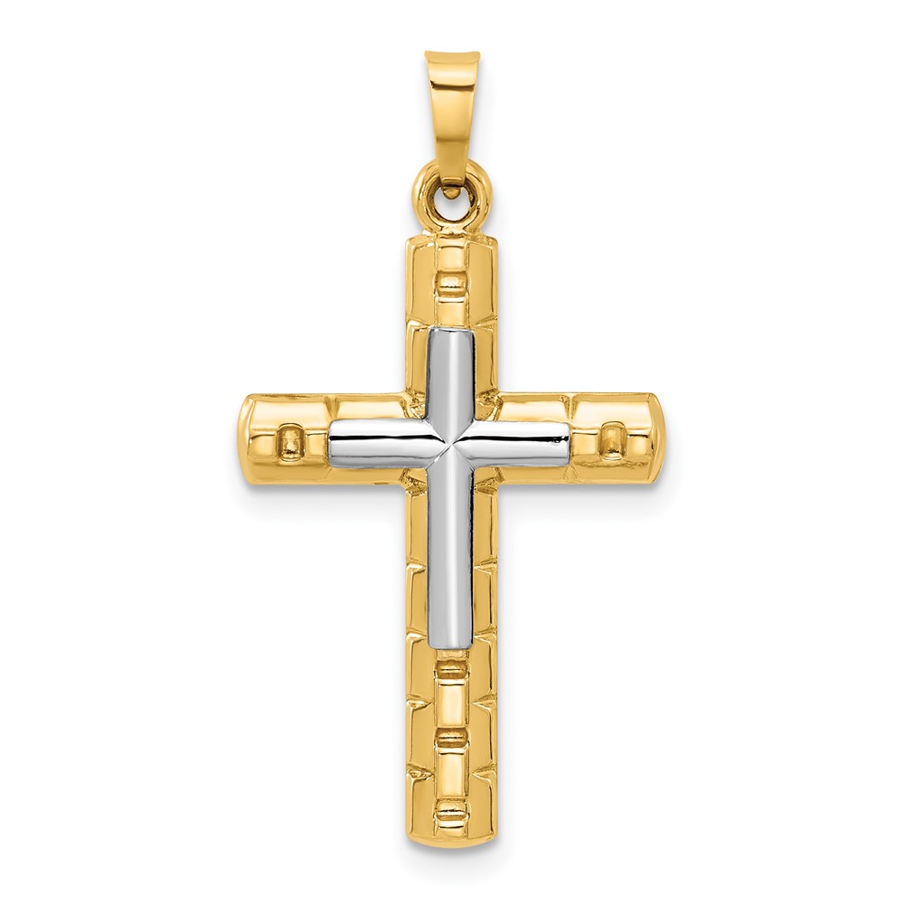 XR2080.jpg 14k Two-Tone Textured and Polished Hollow Latin Cross Pendant - Image 1