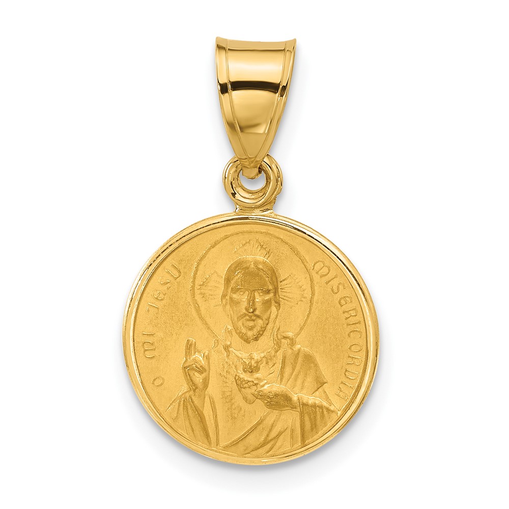 XR2097.jpg 14k Polished and Satin Solid Sacred Heart of Jesus Round Medal Pendant - Image 1