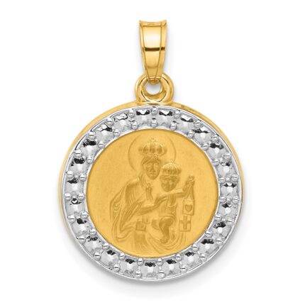 14K and White Rhodium Polished and Satin Hollow Our Lady of Mt. Carmel Medal Round Pendant